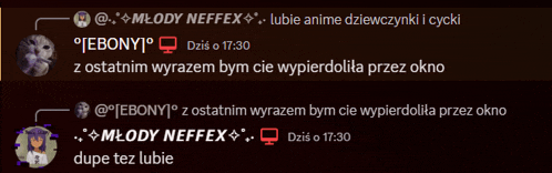 a screenshot of a conversation between mlody neffex and ebony