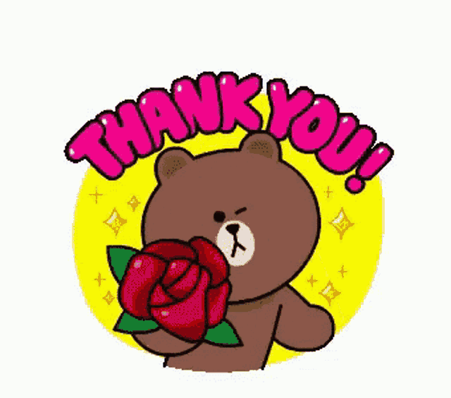 a brown teddy bear is holding a red rose and saying `` thank you '' .