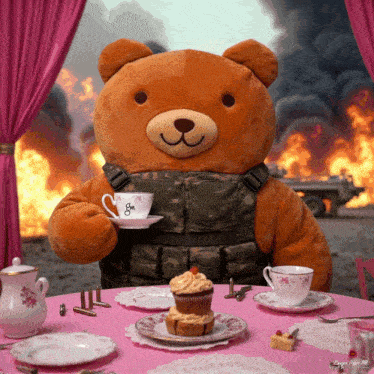 a teddy bear sitting at a table holding a cup of tea