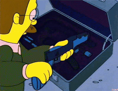 a cartoon character is holding a gun in front of a briefcase that says trap on it