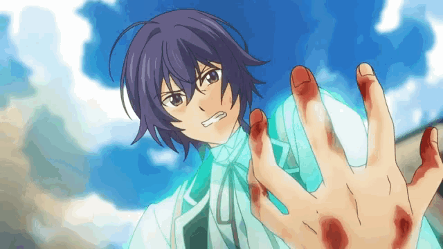 a cartoon character with purple hair and blood on his hands