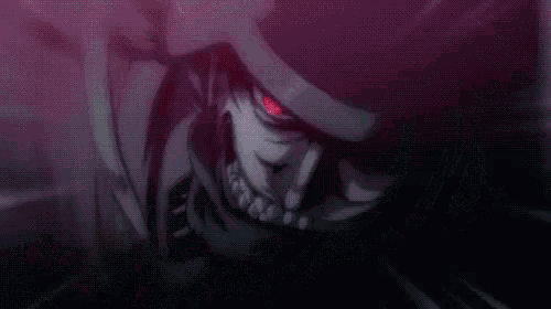 a close up of a person 's mouth with red eyes and a skeleton in the background .