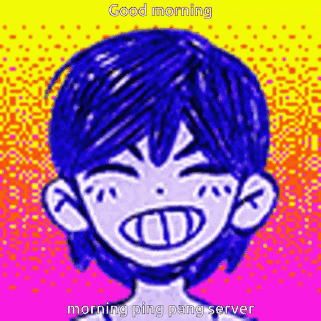 a cartoon of a boy with blue hair and a big smile .