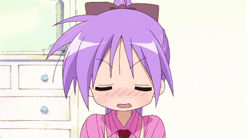 a cartoon girl with purple hair is holding a wooden stick in her hand