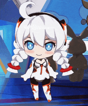 a cartoon character with white hair and blue eyes is standing in front of a stuffed rabbit