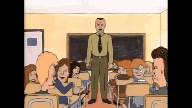 a cartoon of a man standing in front of a classroom full of students .