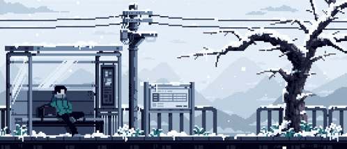 a pixel art drawing of a person sitting on a bench at a bus stop
