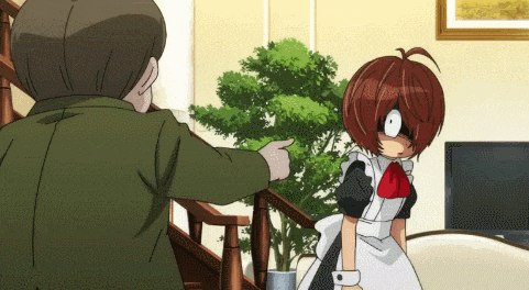 a man pointing at a girl in a maid outfit in a living room