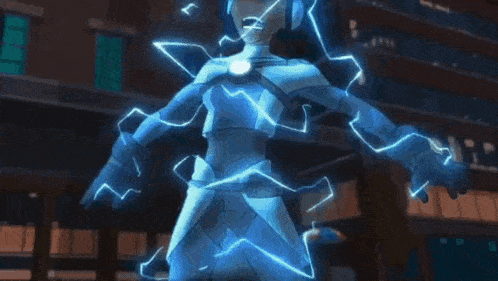 a cartoon character is being surrounded by lightning bolts .