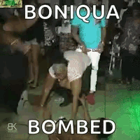 a group of people are dancing in a club with the words bonique bombed on the bottom