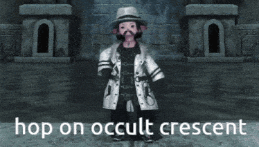 a video game character with the words hop on occult crescent on the bottom