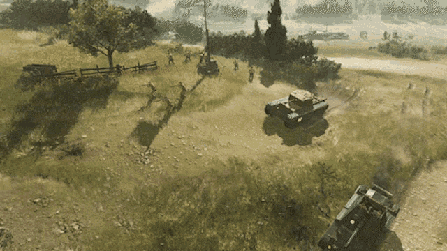 a video game scene shows a group of soldiers and a tank in a field