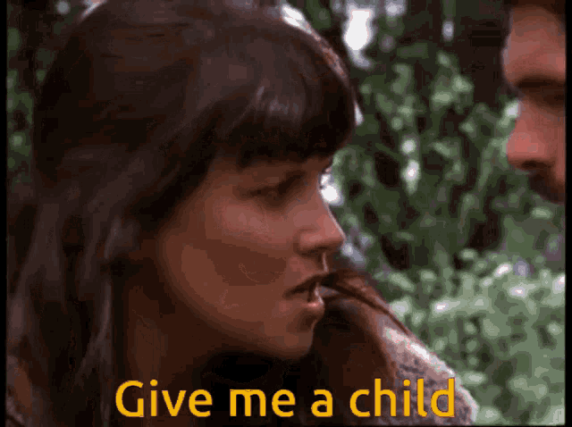 a man and a woman are looking at each other with the words give me a child above them