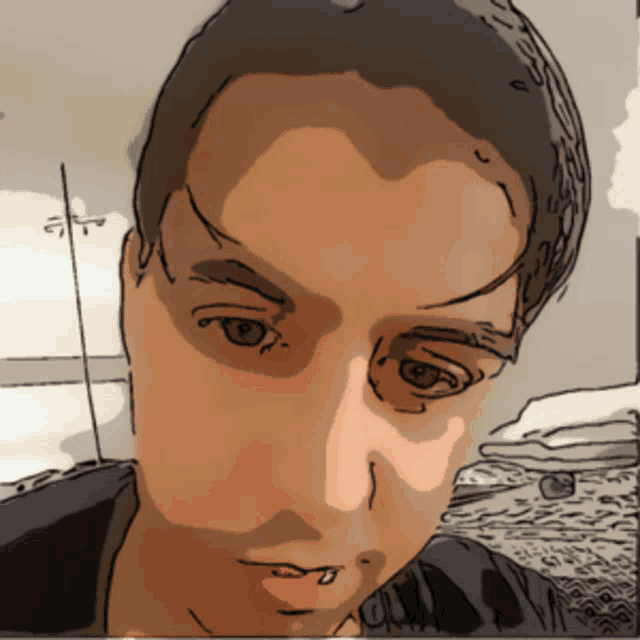 a cartoon drawing of a man 's face with a shadow of a street light in the background