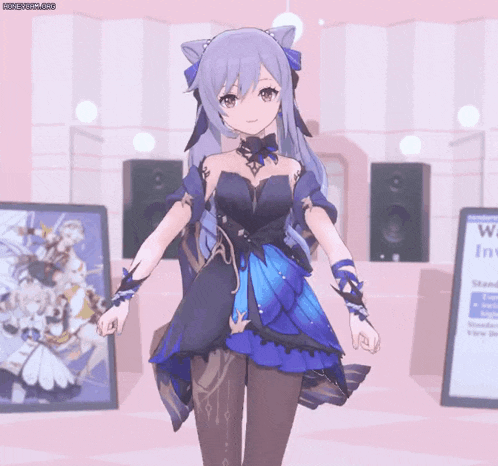 a girl in a blue and black dress stands in front of a sign that says " welcome "