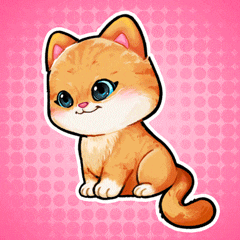a cartoon drawing of a cat with blue eyes on a pink background