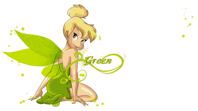 a tinkerbell sitting on the ground with the word green on the bottom