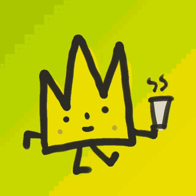 a drawing of a crown with arms and legs holding a cup