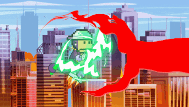 a cartoon drawing of a city with a red hand reaching out towards a green monster