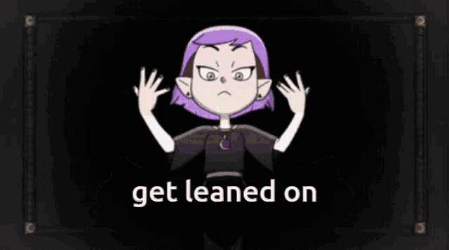 a cartoon character with purple hair is standing in front of a purple swirl .