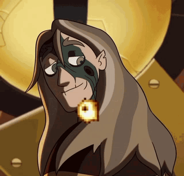 a cartoon drawing of a woman with long hair and a green face paint