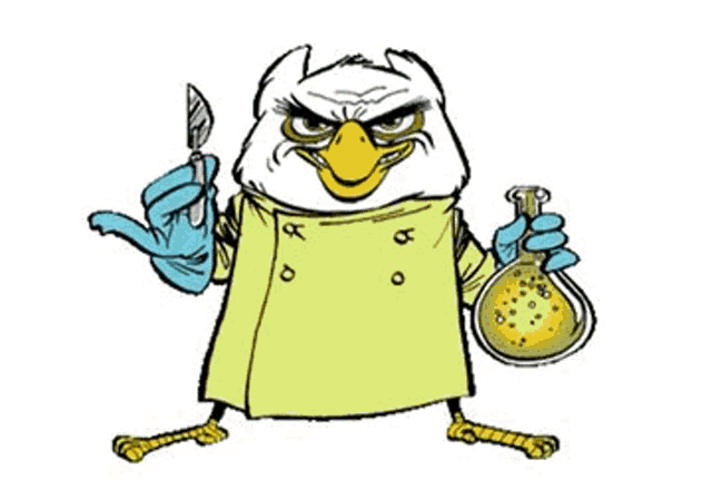 a cartoon eagle is wearing a lab coat and holding a scalpel and a beaker .