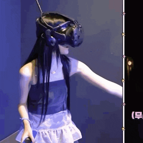 a woman wearing a virtual reality headset is standing in a room