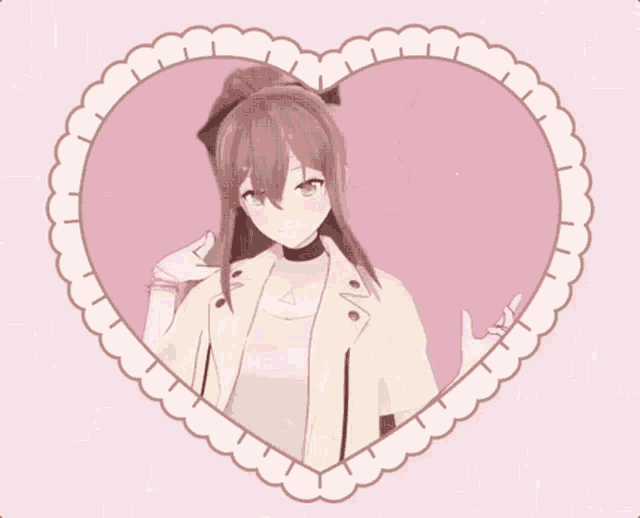 a picture of a girl in a heart shaped frame on a pink background