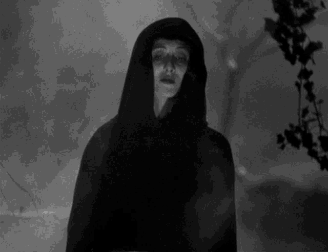 a black and white photo of a woman in a hooded cloak