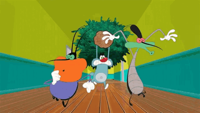three cartoon characters are walking down a hallway with one holding a christmas tree