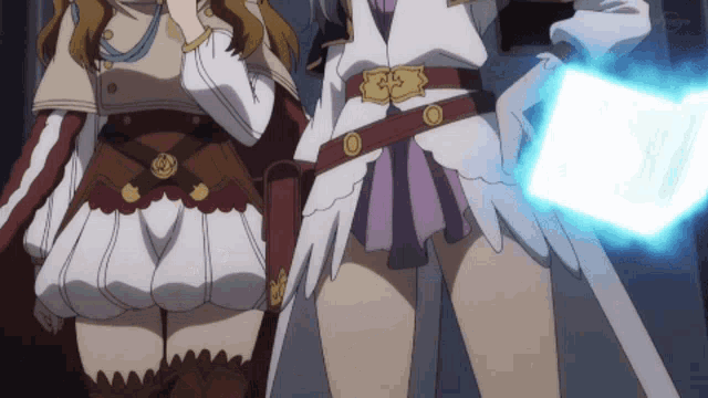 two anime girls are standing next to each other and one has a book in her hand