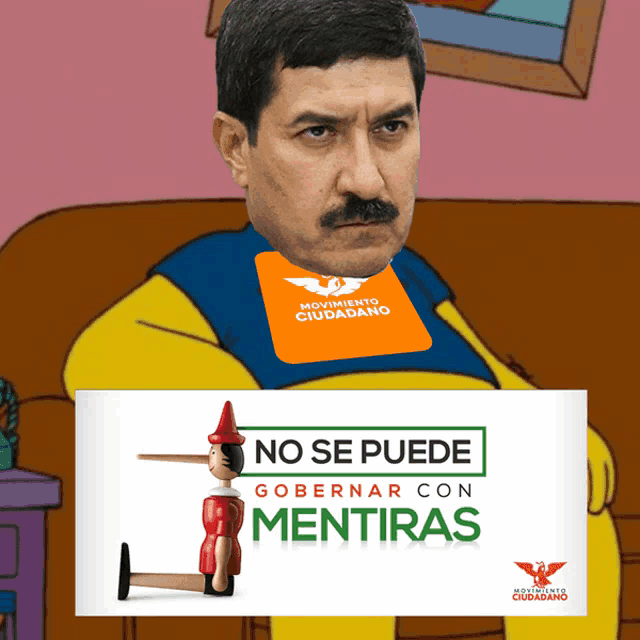 a man sitting on a couch with a sign that says no se puede gobernar con mentiras