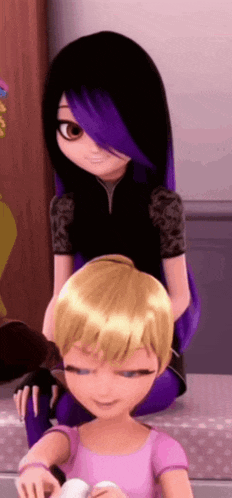 a cartoon girl with purple hair is sitting next to another girl with blonde hair .