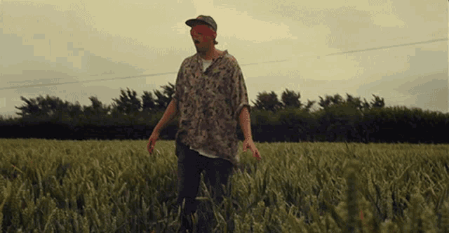 a blindfolded man stands in a field of tall grass