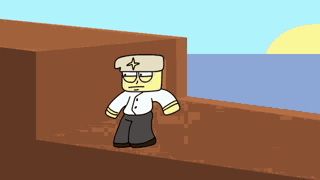 a cartoon character with a star on his hat is standing in front of a body of water