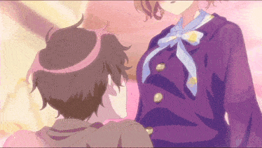 a girl in a purple jacket with a blue scarf around her neck looks at a boy
