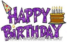 a purple happy birthday sign with a birthday cake and candles