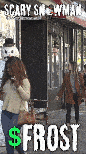 a poster for scary snowman $ frost shows a woman walking down the street