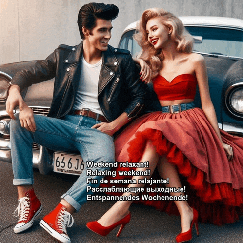 a man in a leather jacket sits next to a woman in a red dress who is sitting on the back of a car