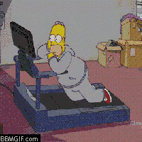 homer simpson is running on a treadmill in front of a computer screen