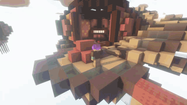a man in a purple shirt is standing in a minecraft game