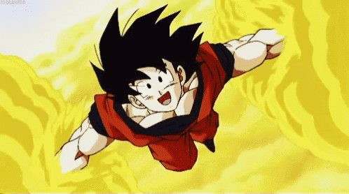 a cartoon character from dragon ball z is flying through the air .