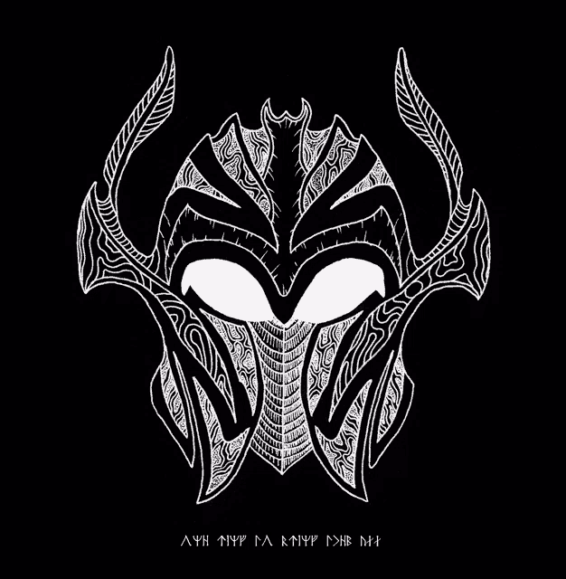 a black and white drawing of a knight 's helmet on a black background with a few letters on it