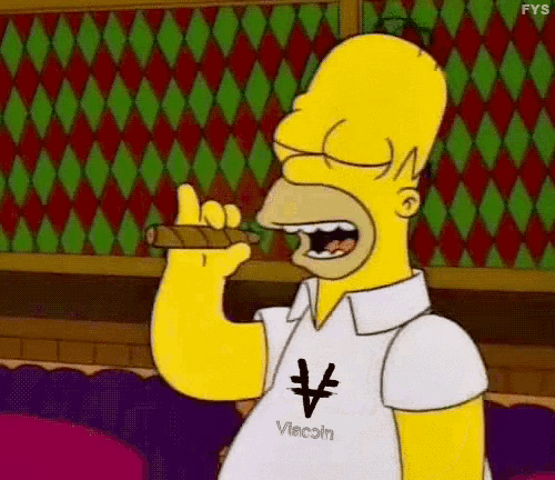 homer simpson is smoking a cigar while wearing a shirt that says vicoin
