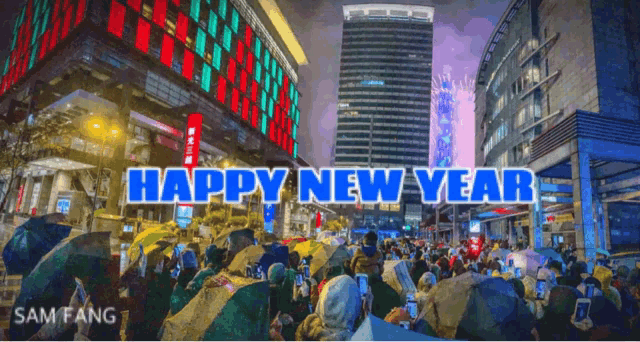 a painting of a crowd of people with the words happy new year written above them