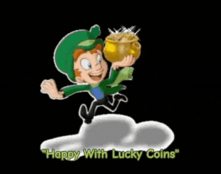 a cartoon of a leprechaun running with a pot of gold