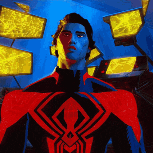 a man in a red and black spiderman costume stands in front of a bunch of monitors