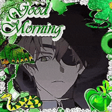 a good morning greeting card with a man and a snake in a green frame .