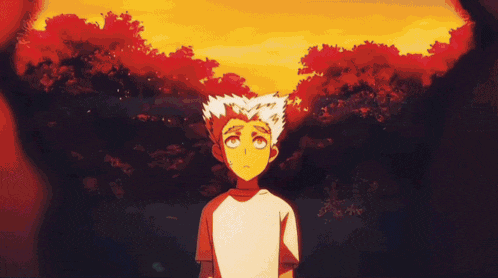 a cartoon drawing of a person with blue hair and a blue sky in the background