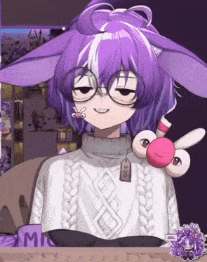 a girl with purple hair and glasses is holding a stuffed animal with a tag that says $ 30